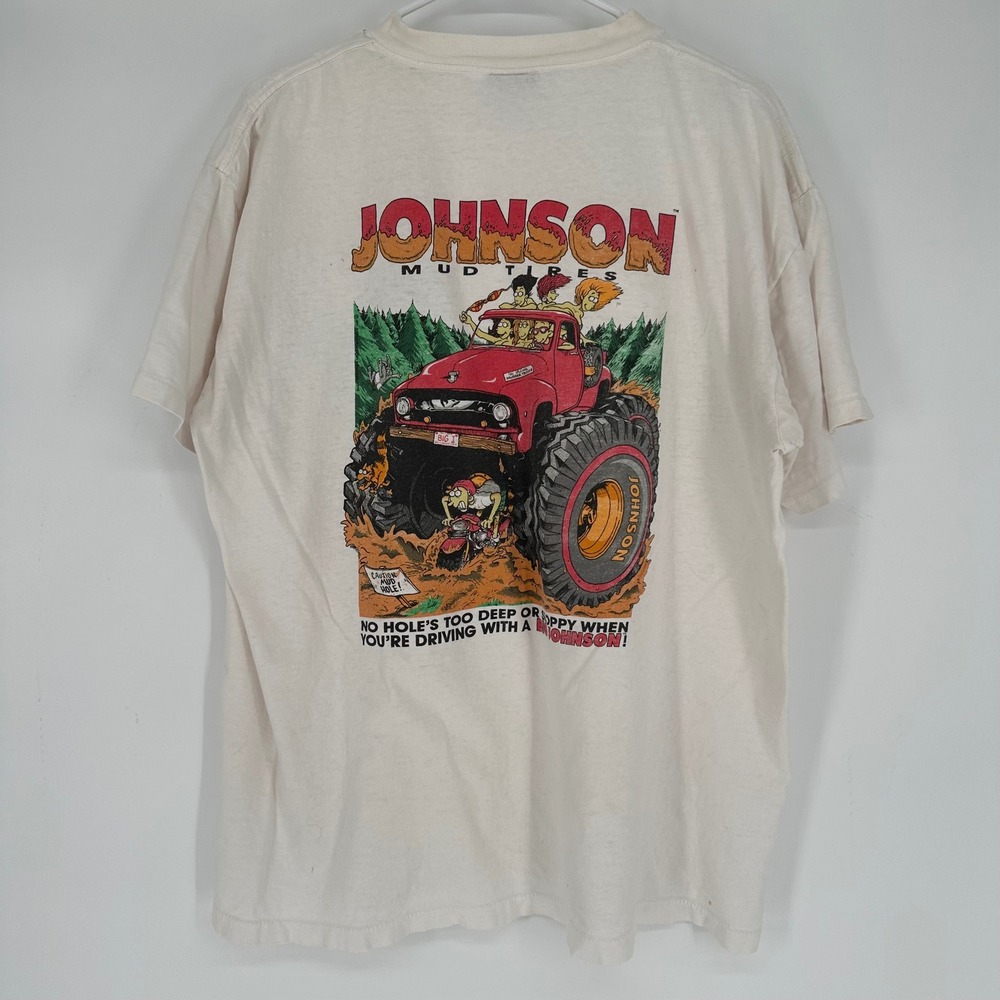 Vintage 90s Big Johnson Mud Tires Graphic T-Shirt XL Oneita Made in USA White
